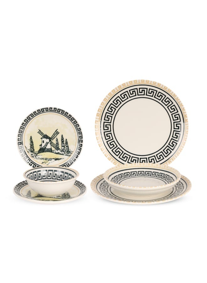 Cooker Dinner Set, 24 Pieces for 6 Persons, Fine Porcelain, Made in Turkey, with Geometric Meanders Design - Cream Color with Black Decoration - Image 1