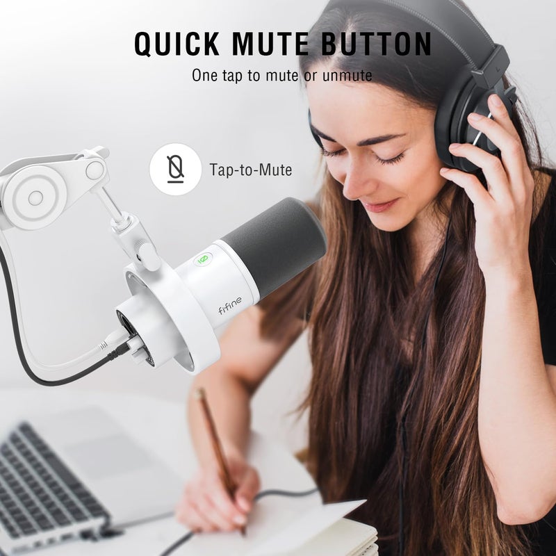 FIFINE Studio XLR Dynamic Microphone, USB PC Podcast Microphone for Streaming Recording, XLR/USB Vocal Mic with Tap-to-Mute, Gain Knob, Headphones Monitoring-Amplitank K688 White - Image 5