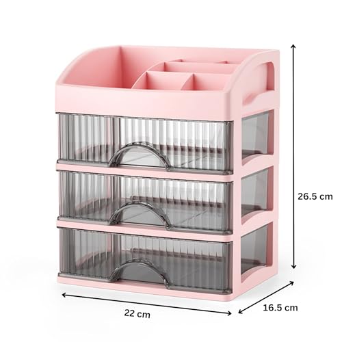 KREPS Countertop Makeup Organizer with Drawers Plastic Storage for Makeup Brush,Hair Accessories,Jewelry,Skincare Vanity Display Cases, Skin Care Products, Office Desk Organizer (3 Layer, Pink) - Image 3