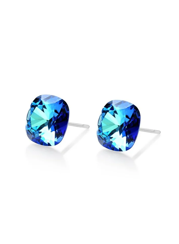 Seona Seona Sophia 10mm Cushion Cut Crystal Earrings – Hypoallergenic Stud Earrings for Women, Tarnish‑Free Stainless Steel Jewelry for Sensitive Ears - Bermuda Blue