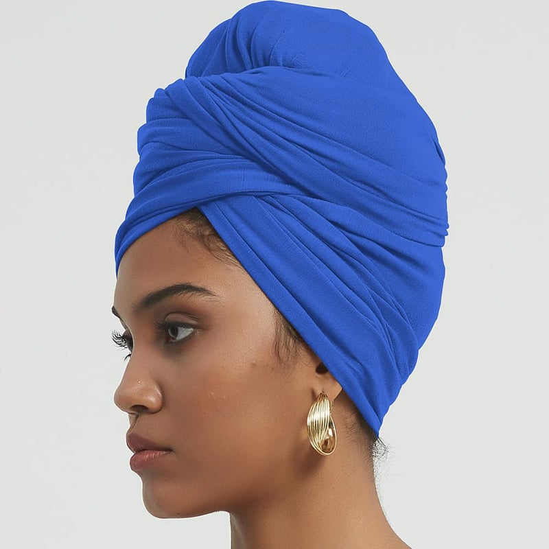 corciova Cobalt Blue Long Soft Head Wrap Turban Headband for Black Women Two Way Stretch Fashion African Head Covering Jersey Hijab Scarf - Image 3
