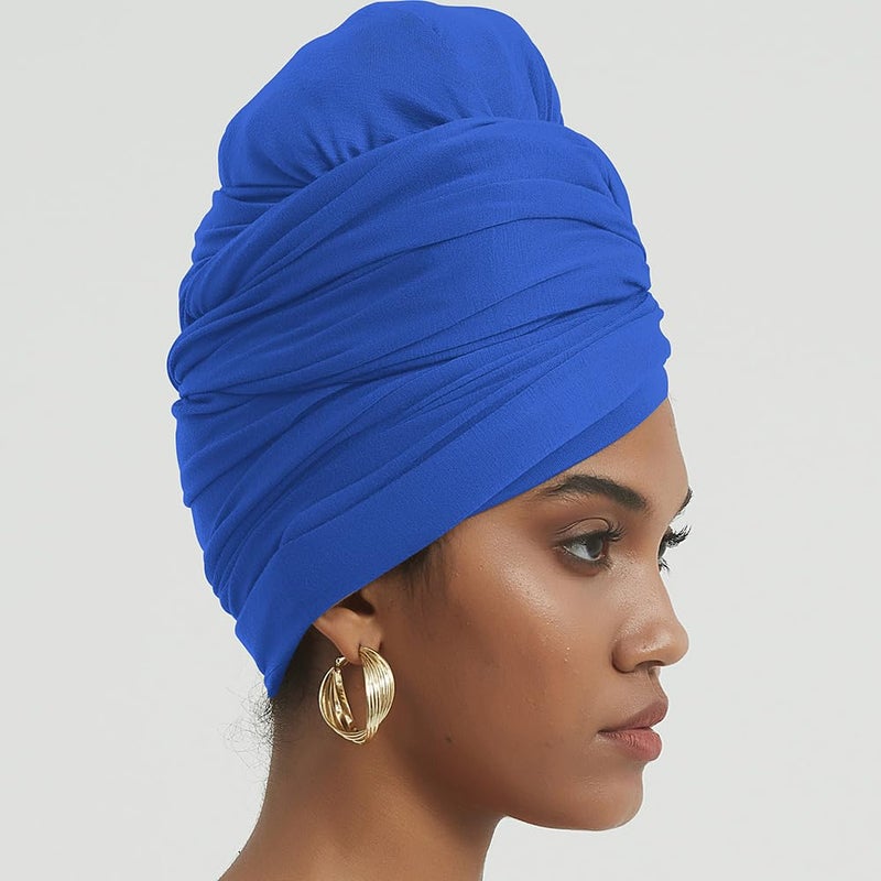 corciova Cobalt Blue Long Soft Head Wrap Turban Headband for Black Women Two Way Stretch Fashion African Head Covering Jersey Hijab Scarf - Image 2