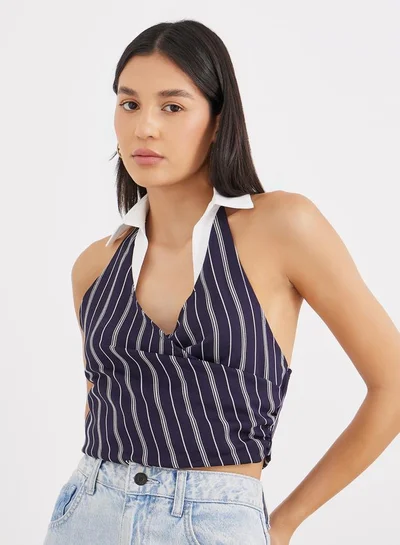 Styli Navy Blue Striped Halter Top with Collar