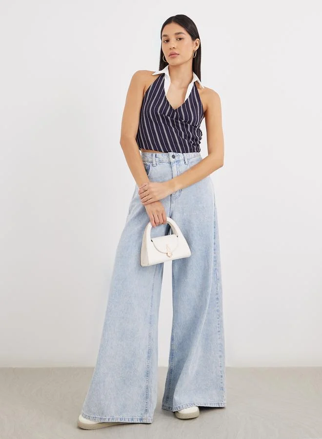 ستايلي بلوزة ستايلي بحمالات عنق مخططة باللون الكحلي مع ياقة