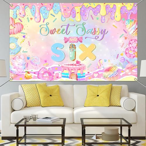 Mocsicka Donut 6th Birthday Banner Backdrop Sweet Sassy and Six Birthday Decorations Banner for Girls Sixth Birthday Party Banner for Phogography (Pink, 70.8x43.3 inch) - Image 4