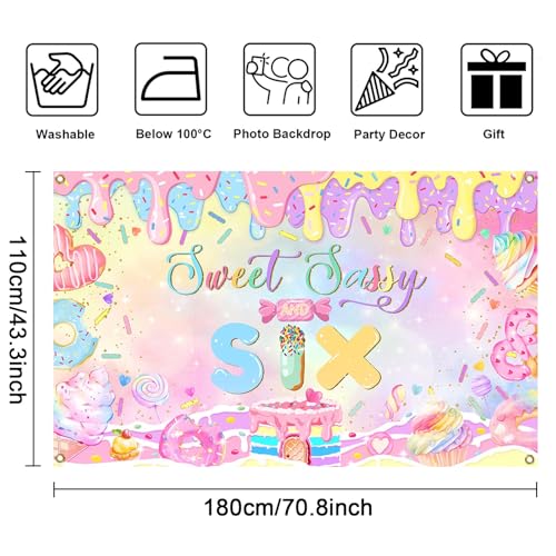Mocsicka Donut 6th Birthday Banner Backdrop Sweet Sassy and Six Birthday Decorations Banner for Girls Sixth Birthday Party Banner for Phogography (Pink, 70.8x43.3 inch) - Image 3