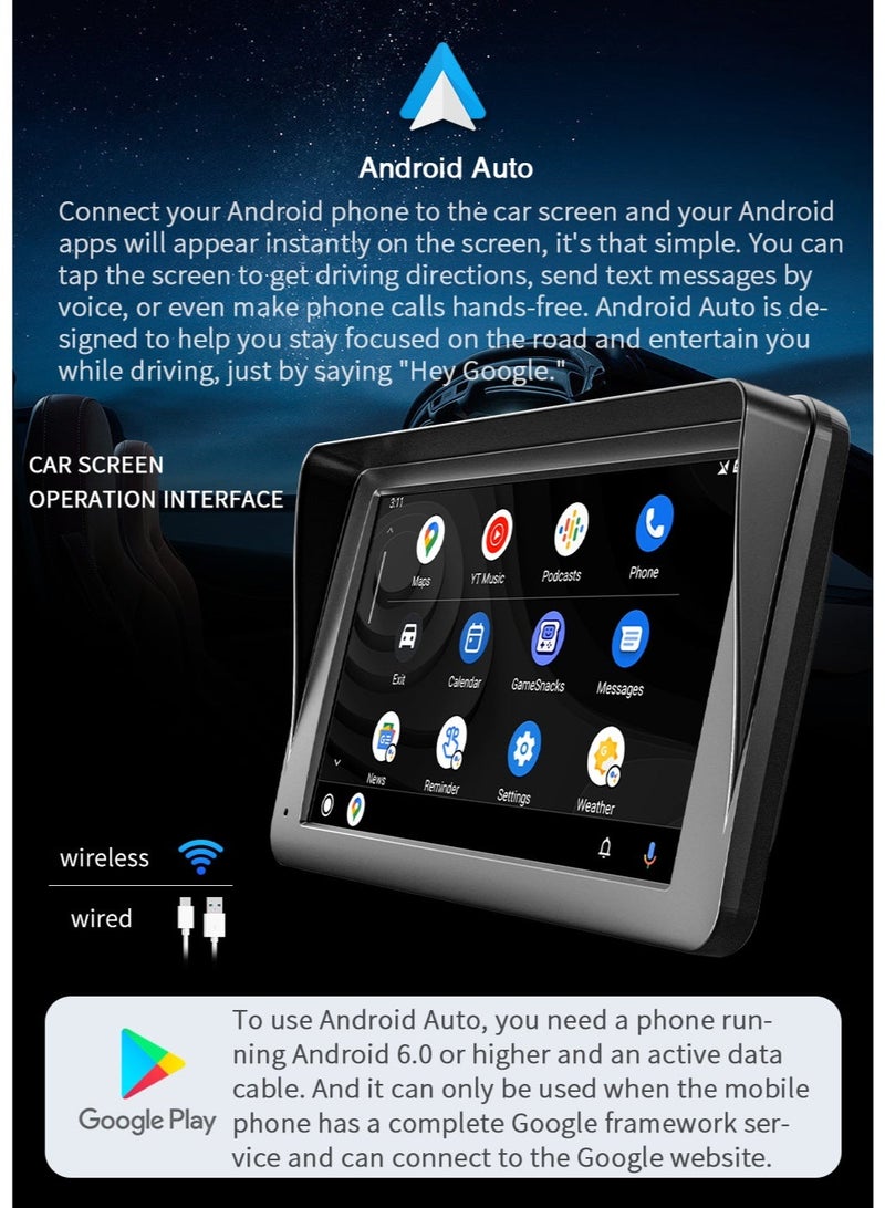 TUNKE 7” Wireless Apple CarPlay & Android Auto Screen Portable Car Display 1024×600 IPS, USB/TF Media Playback, FM/AUX Audio Output, Rear Camera Included, Phone Required, 12V–24V - Image 4