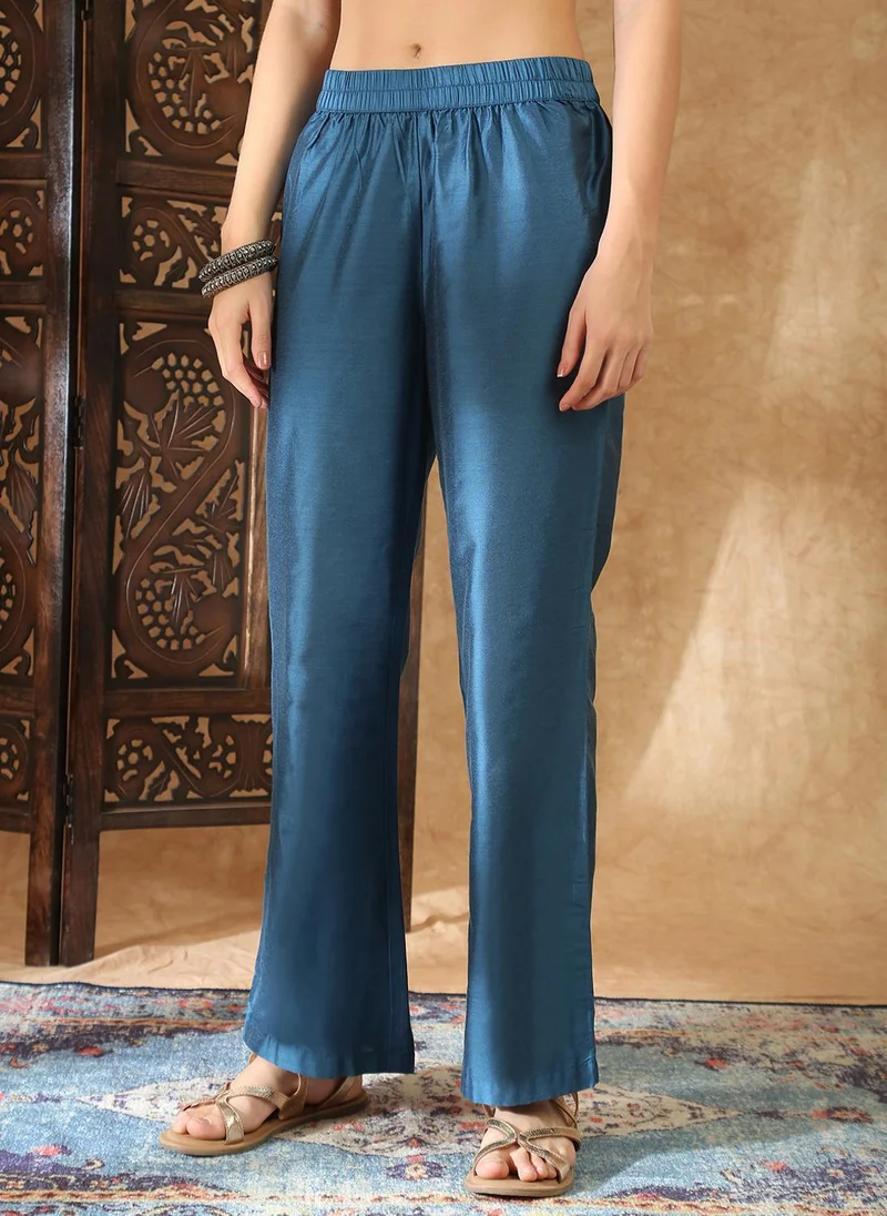 Globus  Globus Women Blue Round Neck Polka Dot Foil Print Zari Embroidered Hem Straight Kurta with Trousers & Dupatta Festive Set for Women | Best Price UAE