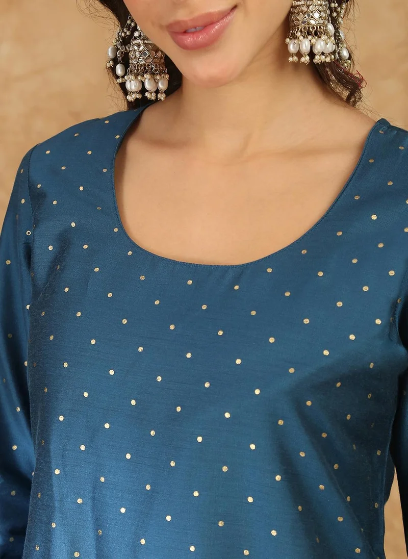 Globus  Globus Women Blue Round Neck Polka Dot Foil Print Zari Embroidered Hem Straight Kurta with Trousers & Dupatta Festive Set for Women | Best Price UAE