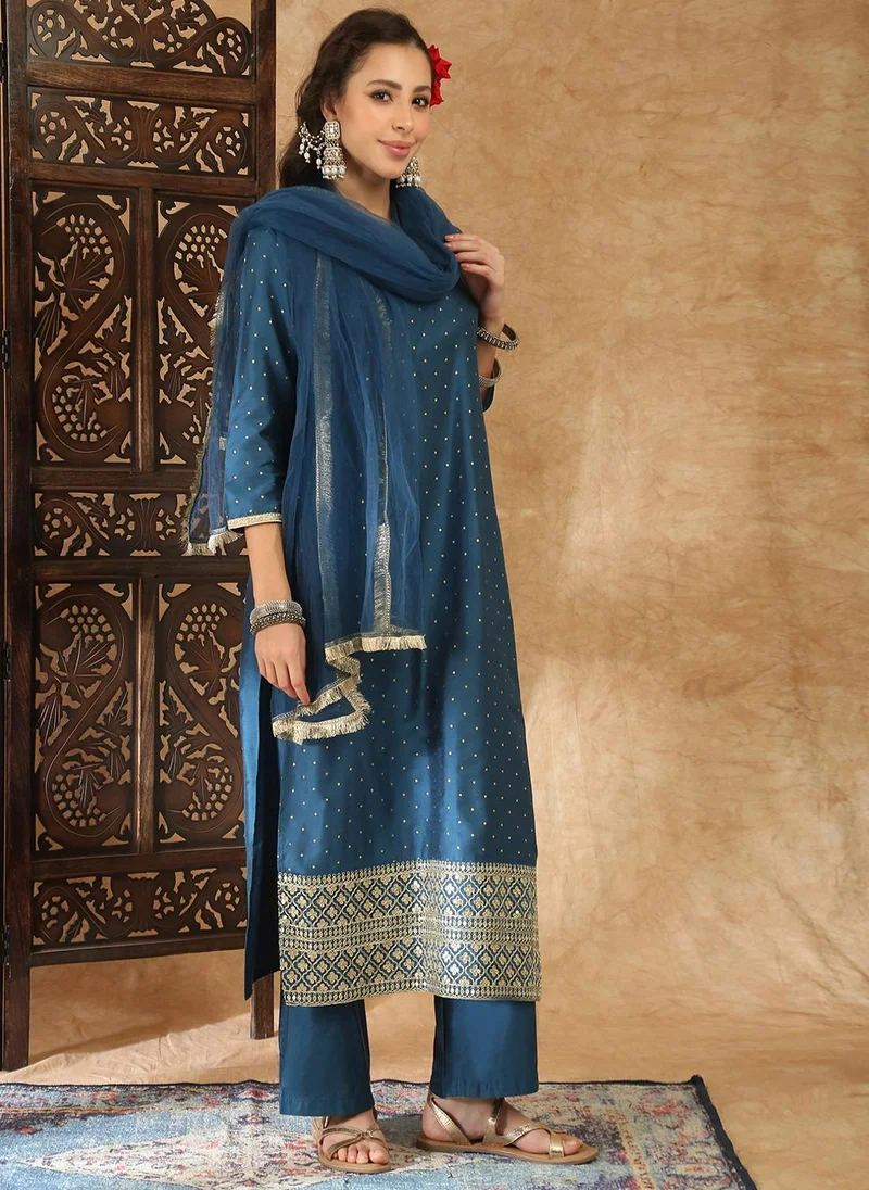 Globus Women Blue Round Neck Polka Dot Foil Print Zari Embroidered Hem Straight Kurta with Trousers & Dupatta Festive Set