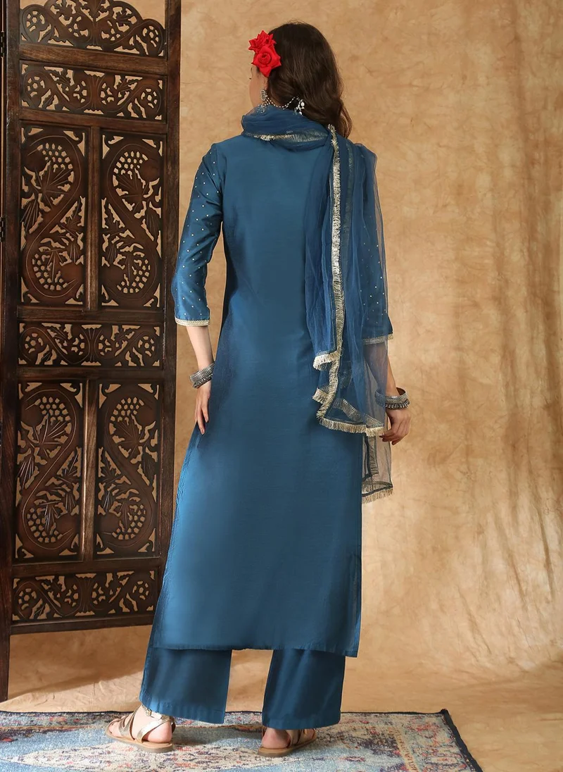 Globus  Globus Women Blue Round Neck Polka Dot Foil Print Zari Embroidered Hem Straight Kurta with Trousers & Dupatta Festive Set for Women | Best Price UAE