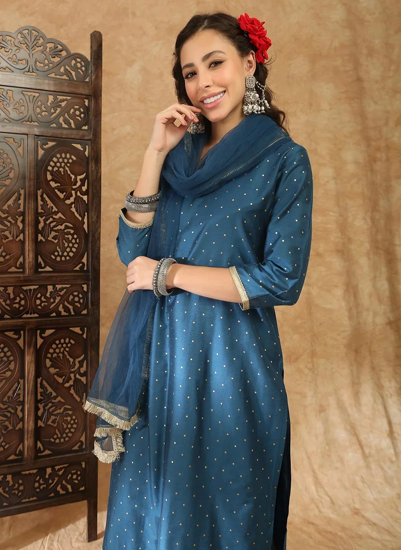 Globus  Globus Women Blue Round Neck Polka Dot Foil Print Zari Embroidered Hem Straight Kurta with Trousers & Dupatta Festive Set for Women | Best Price UAE