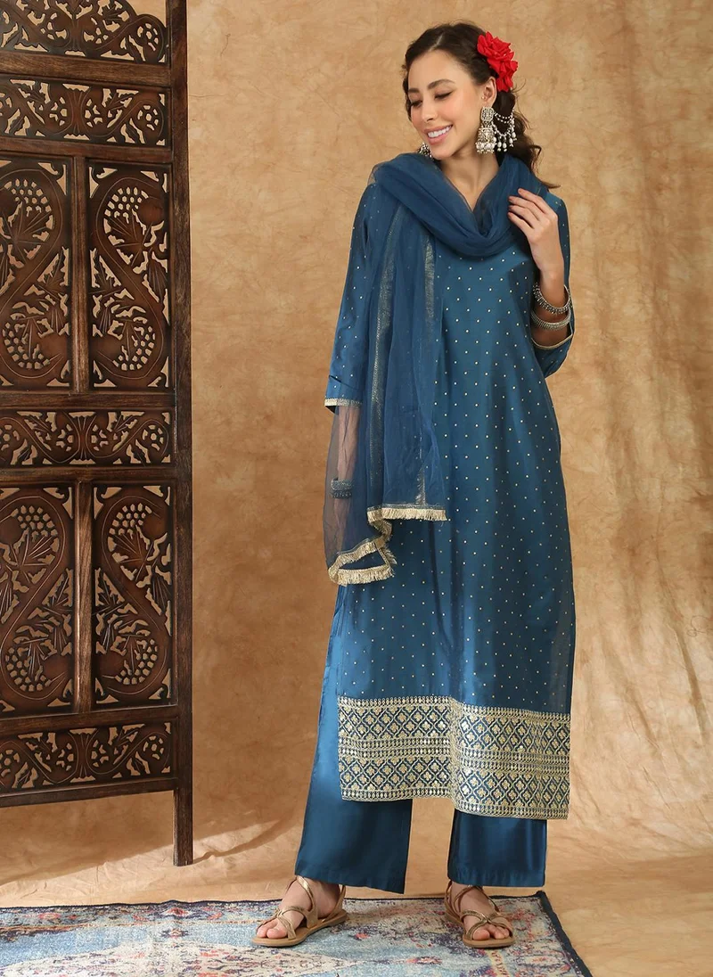 Globus  Globus Women Blue Round Neck Polka Dot Foil Print Zari Embroidered Hem Straight Kurta with Trousers & Dupatta Festive Set for Women | Best Price UAE