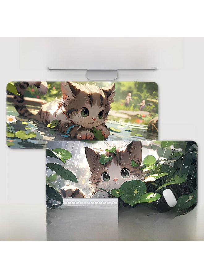 Mouse Pad Oversized Office Cat Girl Cute Cartoon Creative Worker Computer Keyboard Learning Desk Mat-Color:800*300*2-Pattern:TU-496 [cat Fish Group]]