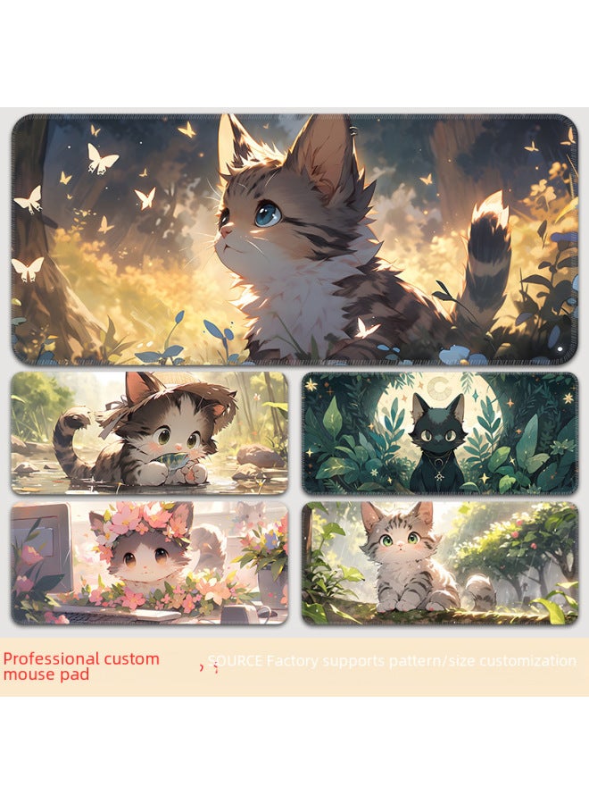 Mouse Pad Oversized Office Cat Girl Cute Cartoon Creative Worker Computer Keyboard Learning Desk Mat-Color:800*300*2-Pattern:TU-496 [cat Fish Group]]