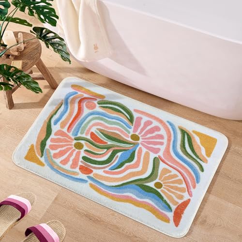 SHIYUE Cute Boho Abstract Art Bath Mat for Bathroom Rugs, Ultra Soft and Fluffy Microfiber Water Absorption Non Slip Mat for Bedroom Bathroom(18"×26" Flower SY05) - Image 1