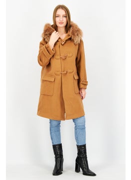 Women Textured Faux Fur Hood Coat Jacket, Brown