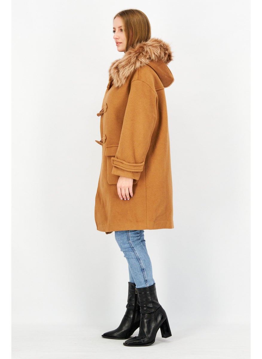 VERO MODA - Women Textured Faux Fur Hood Coat Jacket, Brown - Image 1