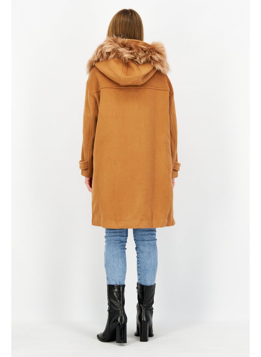 VERO MODA - Women Textured Faux Fur Hood Coat Jacket, Brown - Image 1