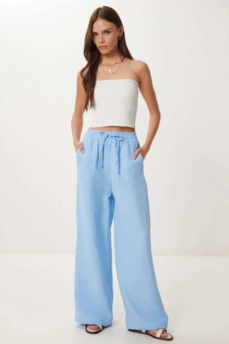Happiness İstanbul ISTANBUL Wide Leg Drawstring Waist Pants with Binding Detail