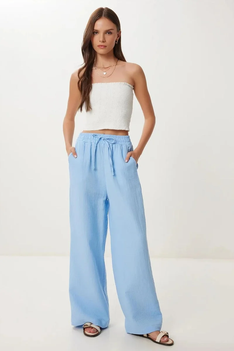 Happiness İstanbul ISTANBUL Wide Leg Drawstring Waist Pants with Binding Detail