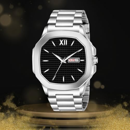 SWADESI STUFF Men's Day Date Watch, 45mm Square Dial, Stainless Steel Band, Silver (Black) - Image 2