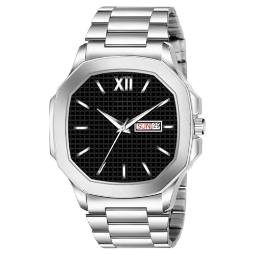 SWADESI STUFF Men's Day Date Watch, 45mm Square Dial, Stainless Steel Band, Silver (Black) - Image 1