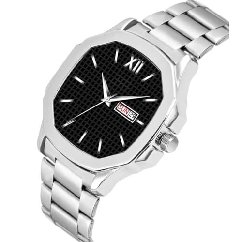 SWADESI STUFF Men's Day Date Watch, 45mm Square Dial, Stainless Steel Band, Silver (Black) - Image 4