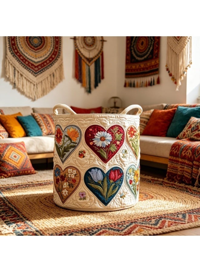 Bohemian-Style Floral Heart-Patterned Quilted Laundry Basket, A Large-Capacity Storage Basket With Colorful Flowers And Hearts, Measuring 16*22 Inches. Perfect For Storing Clothes And Organizing, It'S The Perfect Organizer For The Living Room, Bedroom, Bathroom, Or Laundry Room. - Image 5