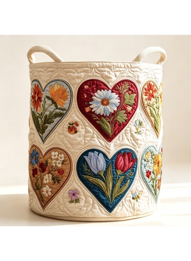 Bohemian-Style Floral Heart-Patterned Quilted Laundry Basket, A Large-Capacity Storage Basket With Colorful Flowers And Hearts, Measuring 16*22 Inches. Perfect For Storing Clothes And Organizing, It'S The Perfect Organizer For The Living Room, Bedroom, Bathroom, Or Laundry Room. - Image 1
