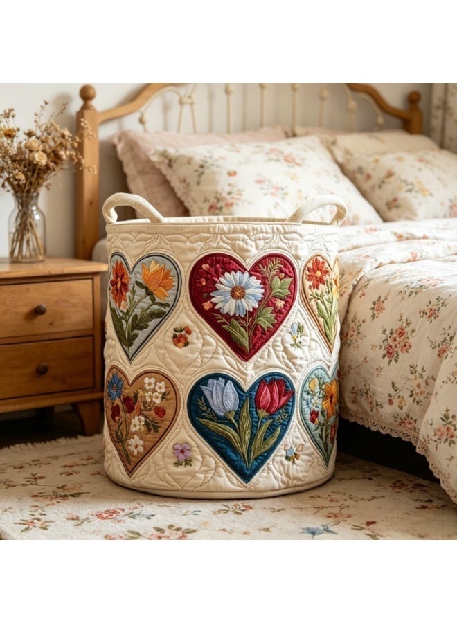 Bohemian-Style Floral Heart-Patterned Quilted Laundry Basket, A Large-Capacity Storage Basket With Colorful Flowers And Hearts, Measuring 16*22 Inches. Perfect For Storing Clothes And Organizing, It'S The Perfect Organizer For The Living Room, Bedroom, Bathroom, Or Laundry Room. - Image 2