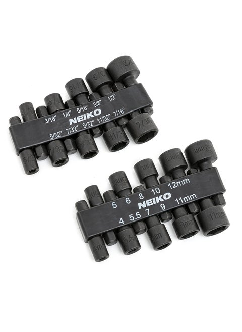 NEIKO 10068A Nut Driver Set, For Impact Drill and Driver, 20 Piece, 1/4” Hex Small Nut Driver Bit Set, Metric and Standard, 4-12 mm & 5/32”-1/2”, CR-V Steel, Nutsetter Driver Bits