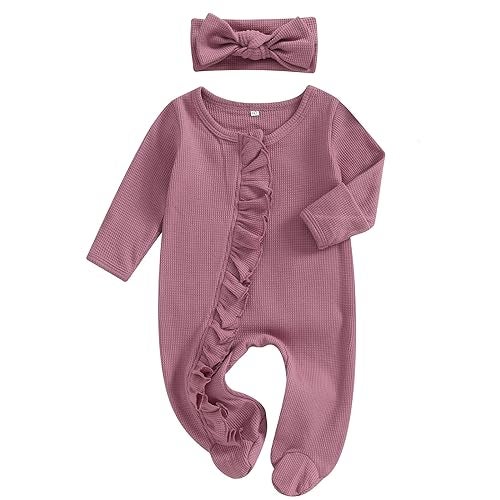 Ayalinggo Baby Girl Fall Winter Outfits - Knit Jumpsuit Ruffle Romper Coming Home Outfit (mitten cuff Jumpsuit Purple) - Image 1