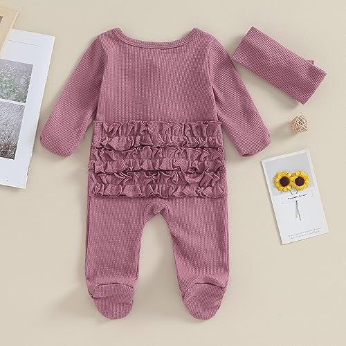 Ayalinggo Baby Girl Fall Winter Outfits - Knit Jumpsuit Ruffle Romper Coming Home Outfit (mitten cuff Jumpsuit Purple) - Image 4