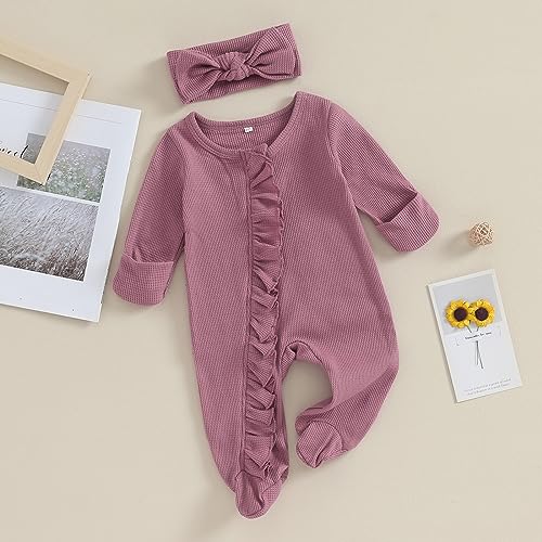 Ayalinggo Baby Girl Fall Winter Outfits - Knit Jumpsuit Ruffle Romper Coming Home Outfit (mitten cuff Jumpsuit Purple) - Image 3