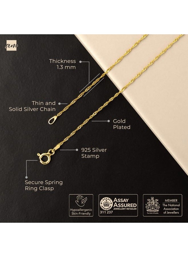 Amberta Solid 925 Sterling Silver Chain for Women Men | Super Thin Dainty & Sturdy Box Curb Singapore Beaded Snake Paperclip Necklace Delicate 40/45/50/55/60 cm: 50 cm Gold Singapore Chain Necklace - Image 5
