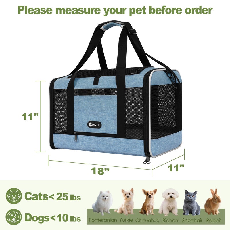 GAPZER Cat Carrier 18 x 11 x 11 Top Loading Soft-Sided Pet Travel Bag Over 15lbs, Portable Small Dog Puppy Car Crate 10 lbs, Chihuahua Kennel Carry Case, Kitty Cloth Cage Medium Cat Under 25 Blue - Image 2