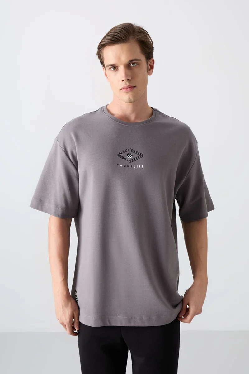 تومي لايف Dark Grey Cotton Thick Soft Texture Oversize Fit Printed Men's T-Shirt - 88325