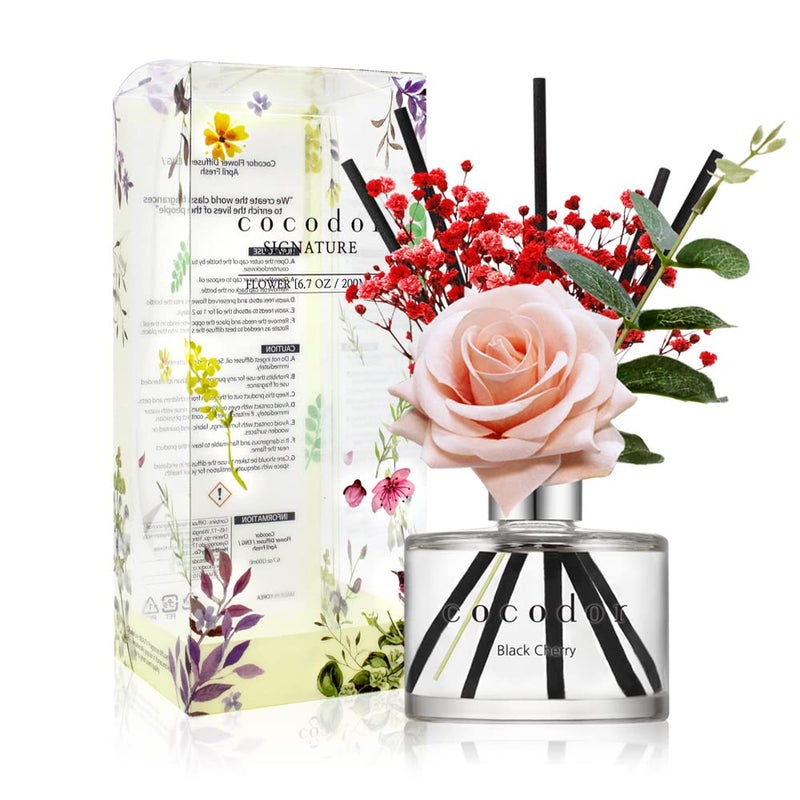 كوكودور Cocod'Or Cocodor Rose Flower Reed Diffuser / الكرز الأسود / 6.7 أوقية (200 مل) / 1 حزمة / ناشر القصب مجموعة ناشر الزيوت وعصي ناشر القصب ديكور المنزل وديكور المكتب العطور والهدايا - Image 1
