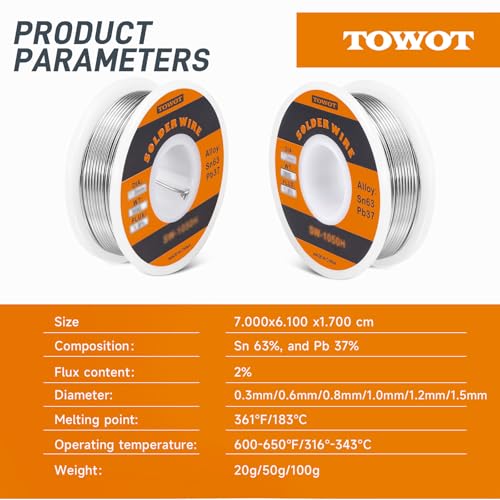 TOWOT 63-37 High Purity Tin Lead Rosin Core Solder Wire for Electrical Soldering, Content 1.8% Solder flux (0.8mm, 50g) - Image 3