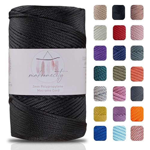 Makromecity Polyester Macrame Cord 2mm x 250 Yards 750 feet 2mm Polypropylene Black Macrame Cord for Macrame Art Crafts for Wall Hangings Bags Underplate Rug 29 Colors Available