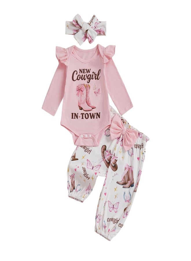 Ayalinggo Newborn Baby Girl Cowboy Outfits Letter Long Sleeve Romper Cowgirl Boots Print Pants Cute Infant Western Clothes (Pink, 0-3 Months) - Image 1