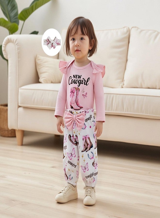 Ayalinggo Newborn Baby Girl Cowboy Outfits Letter Long Sleeve Romper Cowgirl Boots Print Pants Cute Infant Western Clothes (Pink, 0-3 Months) - Image 2