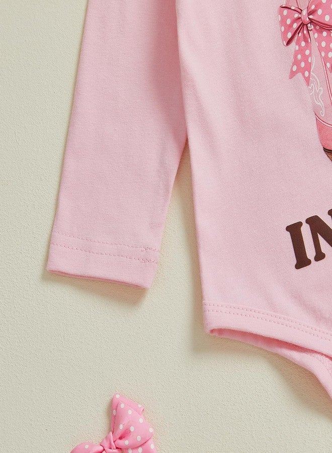 Ayalinggo Newborn Baby Girl Cowboy Outfits Letter Long Sleeve Romper Cowgirl Boots Print Pants Cute Infant Western Clothes (Pink, 0-3 Months) - Image 4