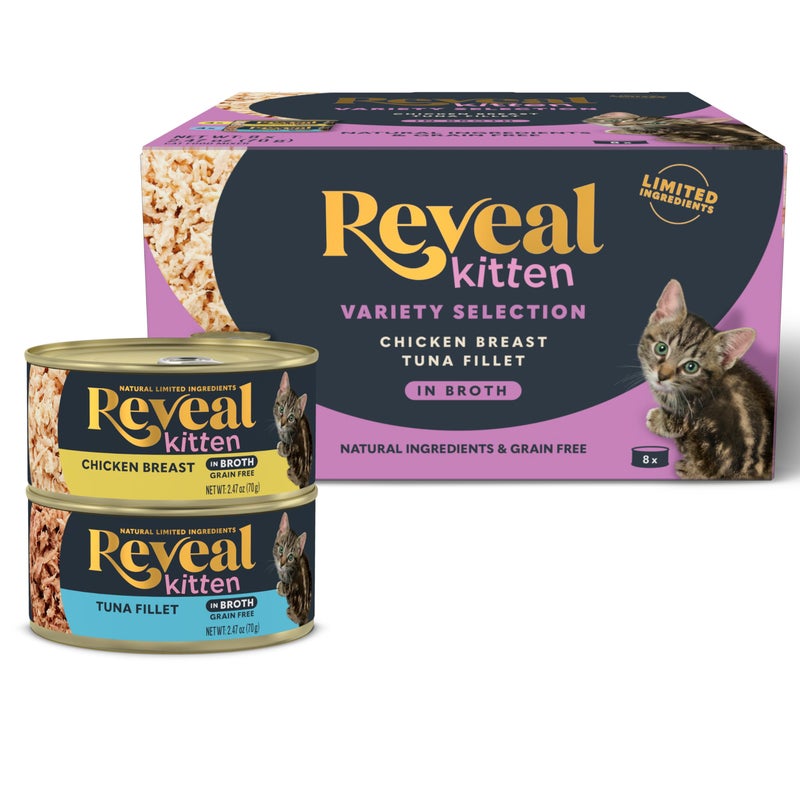 Reveal Natural Wet Kitten Food, Limited and Natural Ingredients, Grain Free, High Protein with No Artificial Additives, Chicken & Tuna Variety in Broth (8 x 2.47 oz Cans) - Image 1