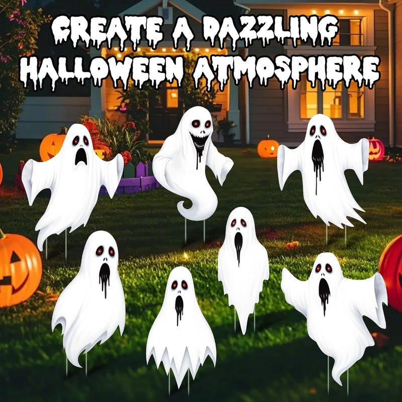 ComboJoy 7 Pack Ghost Halloween Yard Signs, Large Halloween Yard Decorations with Stakes, Waterproof Scary Outdoor Holiday Ghost Decor for Yard Lawn Garden, 16” Big Size - Image 4