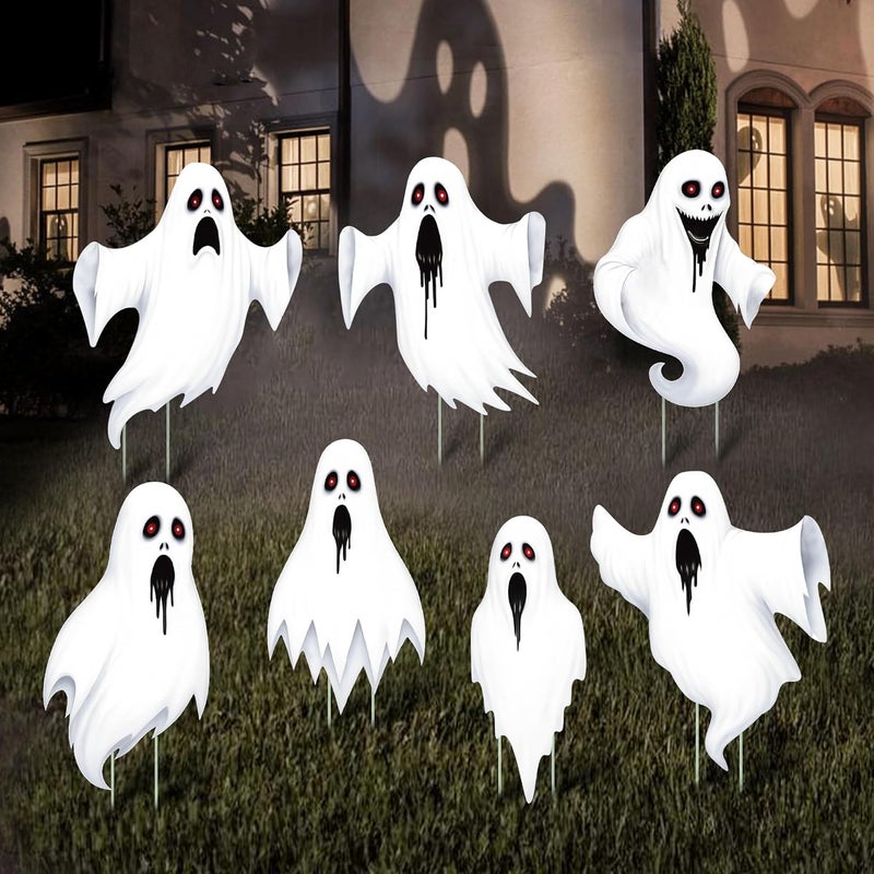 ComboJoy 7 Pack Ghost Halloween Yard Signs, Large Halloween Yard Decorations with Stakes, Waterproof Scary Outdoor Holiday Ghost Decor for Yard Lawn Garden, 16” Big Size - Image 1