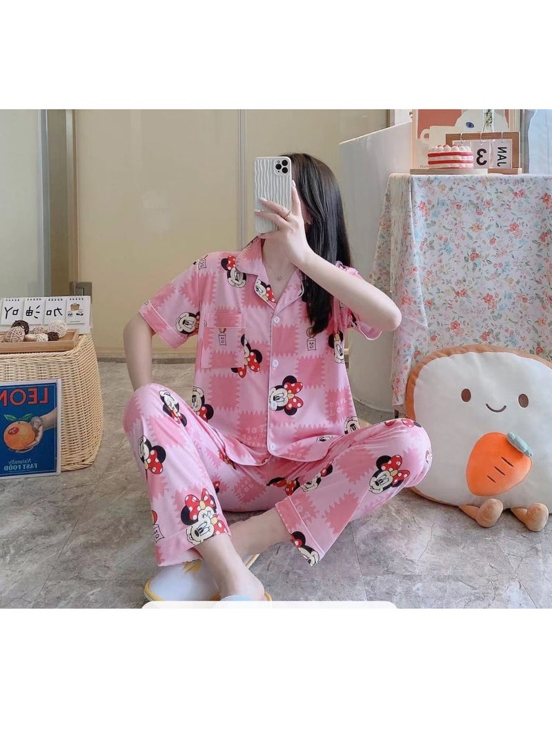 DubaiGallery طقم بيجاما نسائي من الحرير ساتان، ملابس نوم، بيجامات، فستان نوم صيفي بأكمام طويلة وسروال بيجاما