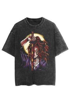Washed retro T-shirt street hip hop anime Demon Slayer Kimetsu No Yaiba casual cotton summer short sleeves