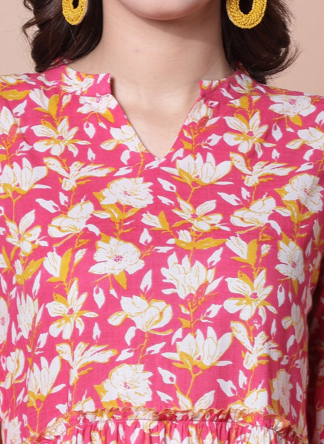 LARGISH Floral Printed Mandarin Collar Puff Sleeves Tiered Cotton Fit & Flare Midi Dress - Image 2